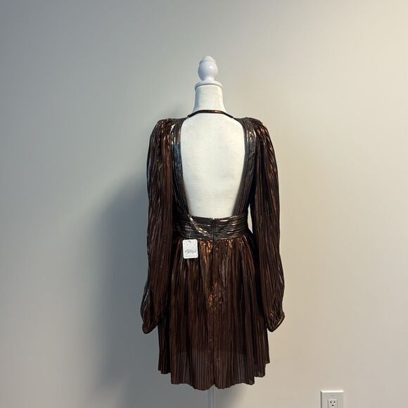 Free People Sabina Musayev Wendy Dress Gold Deep V Metallic Mini M - Picture 3 of 8